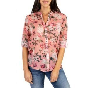Kut from the Kloth Women's M Pink Sheer Floral Button-Up Lightweight Romantic